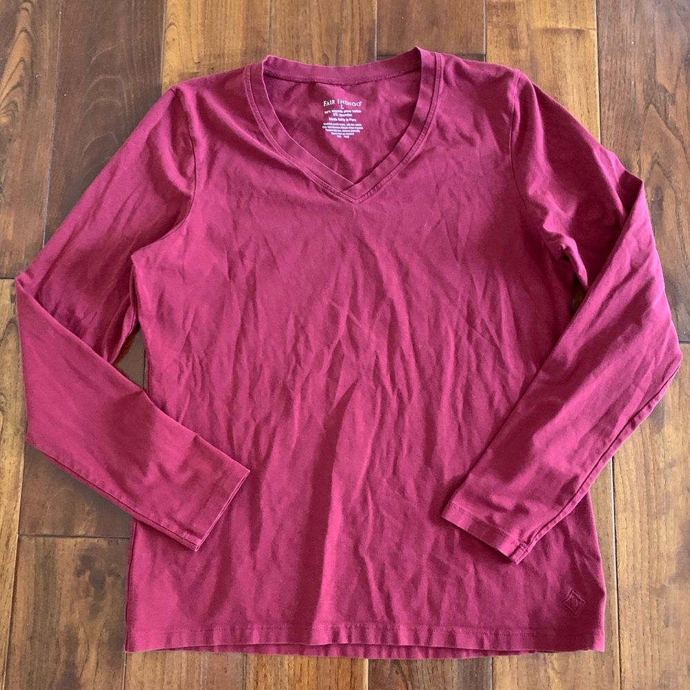 Fair Indigo Long Sleeve Tee Women's Size L Red Organic Pima Cotton Made In Peru - Picture 7 of 8